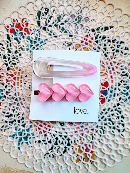 Bubble Heart Barrette Pair - Pink