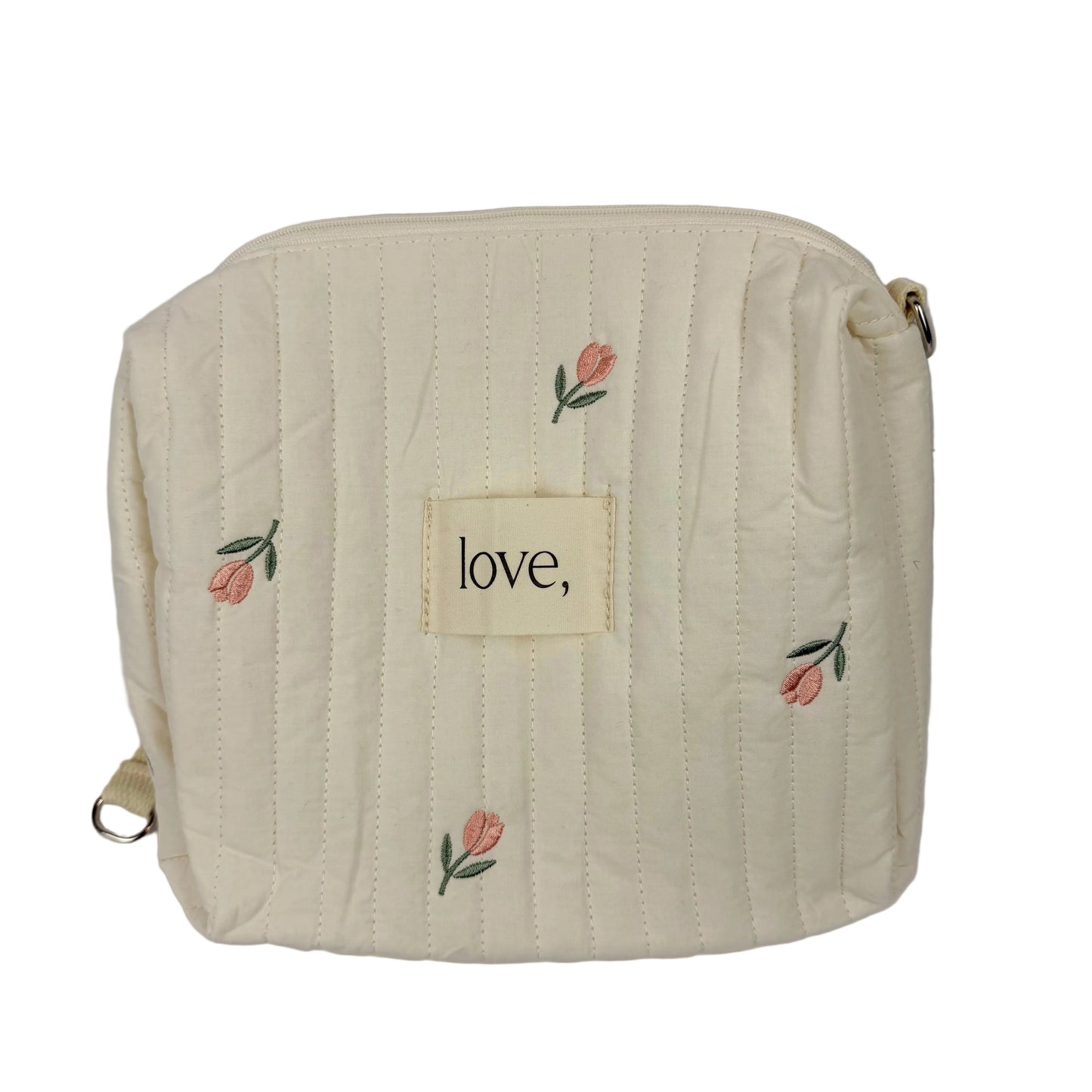 Beige pouch with floral designs and a 'love' patch on a light gray background