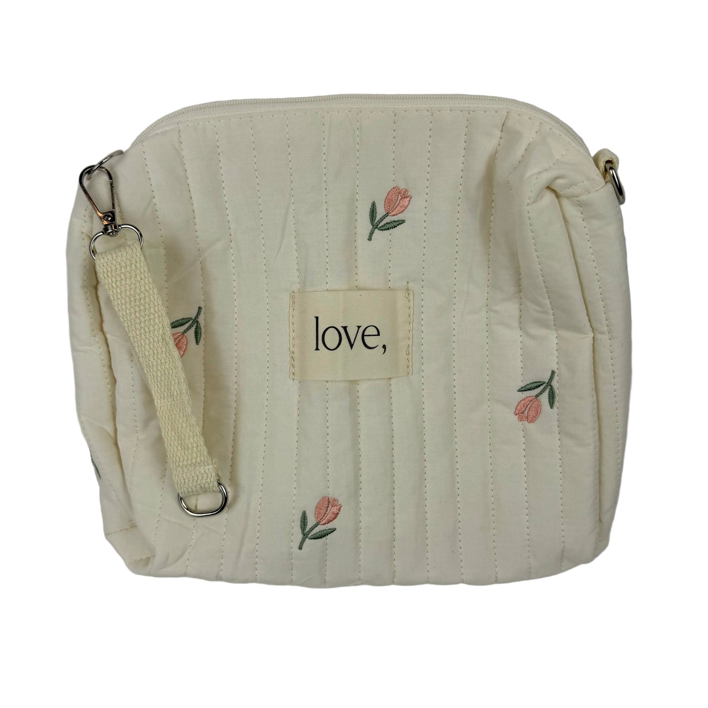 Beige pouch with floral embroidery and 'love' label on a light gray background