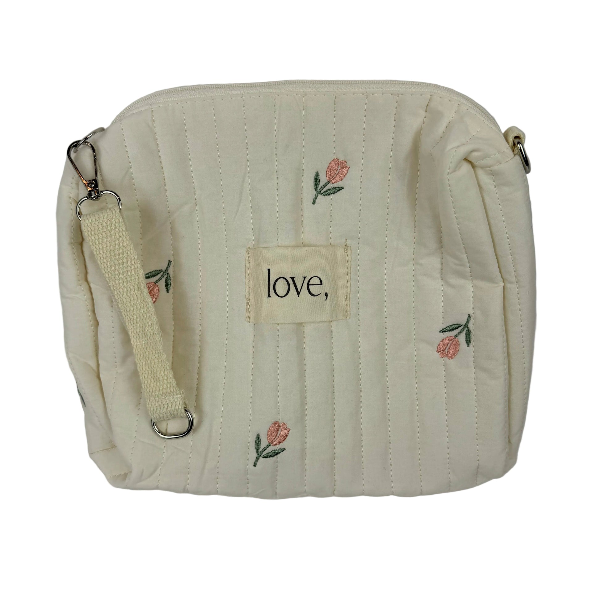 Beige pouch with floral embroidery and 'love' label on a light gray background