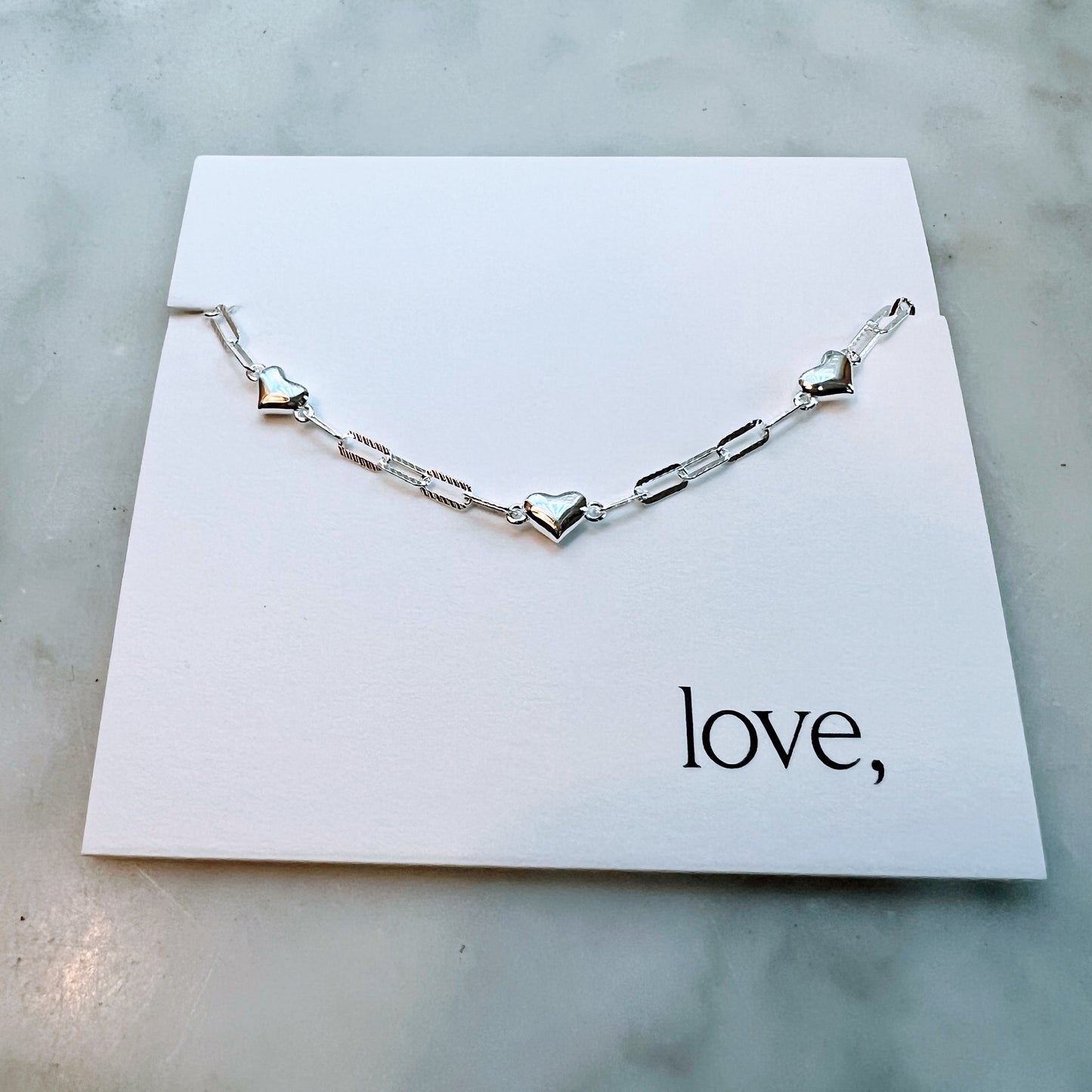 Paper Clip Chain Heart Bracelet - Sterling Silver