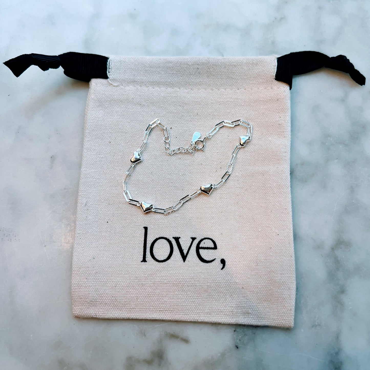 Paper Clip Chain Heart Bracelet - Sterling Silver