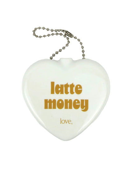 Heart-shaped keychain with 'latte money' text on a white background
