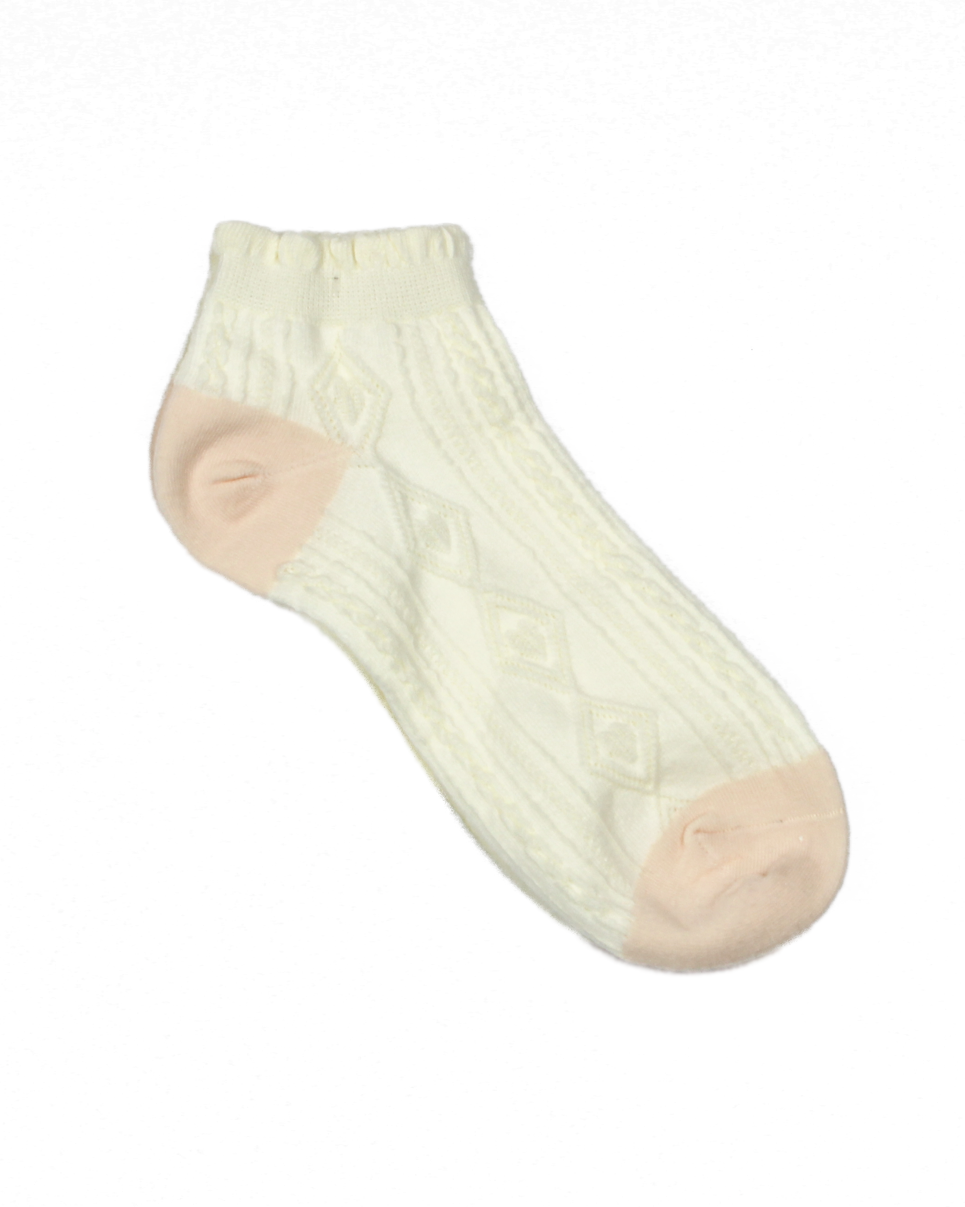 Lettuce edge socks with a cable knit pattern in cream and pink toe and heel on a white background