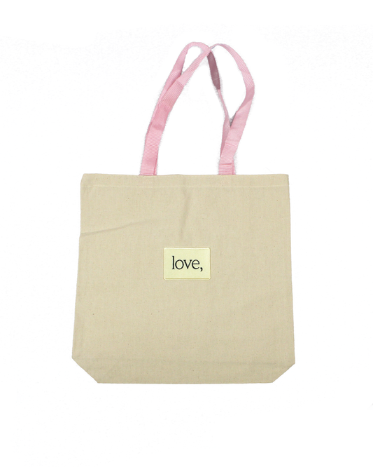 Market Tote - Love Patch - Natural + Pink Straps