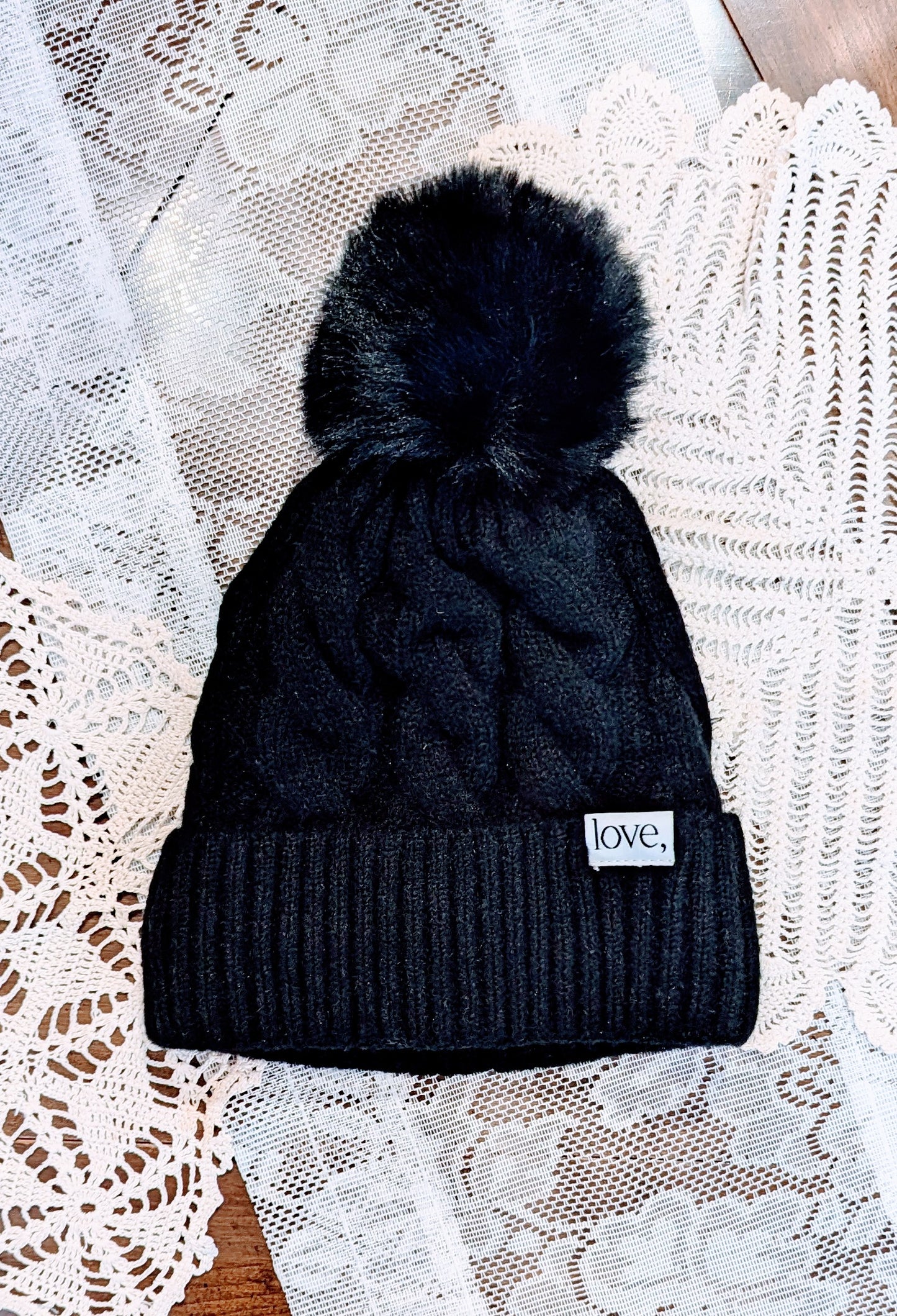 Chunky Pom Pom Hat - Black