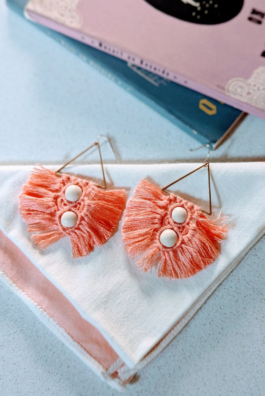 Fringy Macrame Earrings - Coral