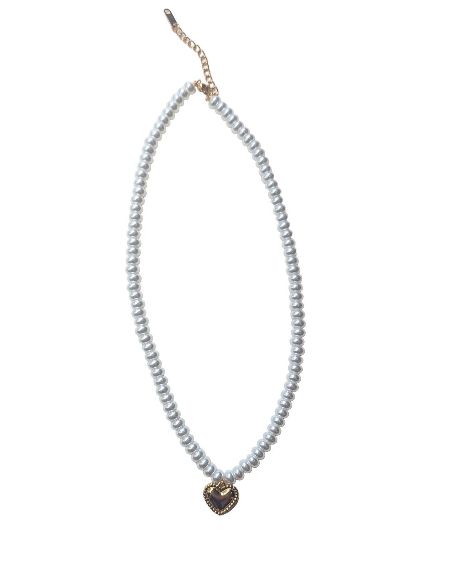 Pearl necklace with a gold heart pendant on a white background