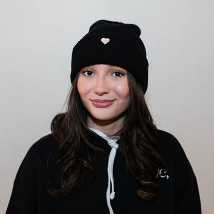 Heart Patch Waffle Beanie - Black