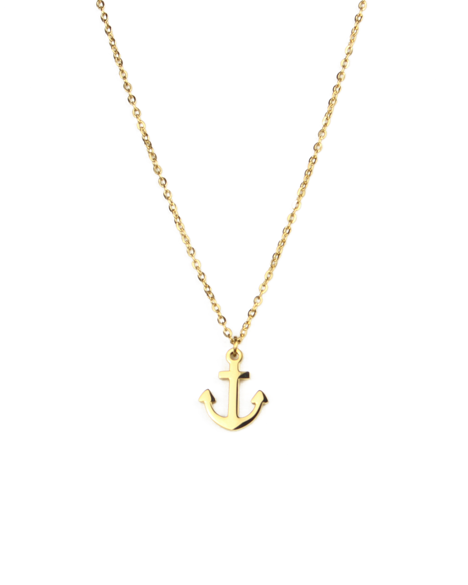 Gold anchor necklace on a white background