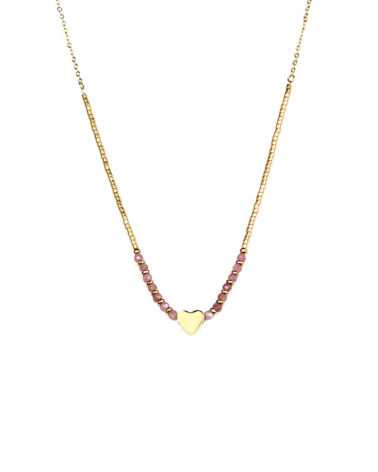 Gold necklace with pink beads and a heart charm on a white background