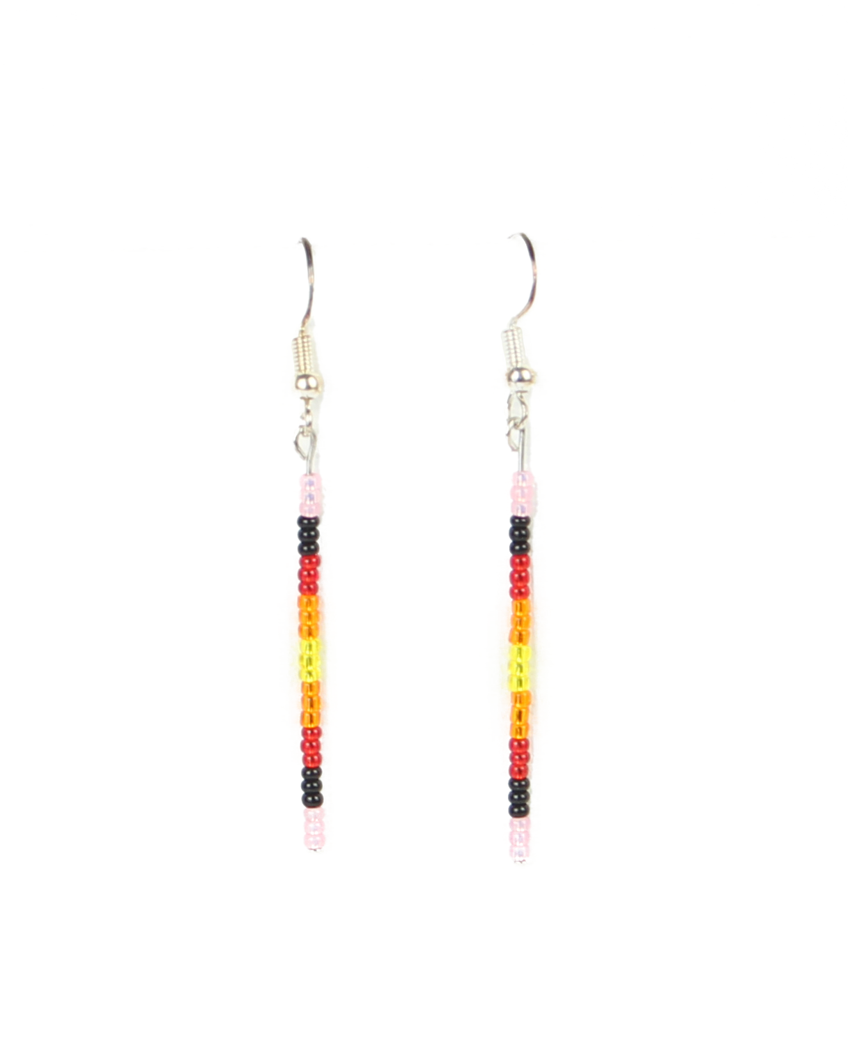 Pair of beaded earrings with a rainbow pattern on a white background