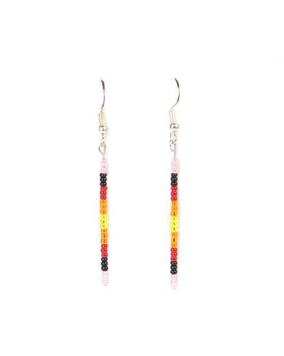 Pair of beaded earrings with a rainbow pattern on a white background