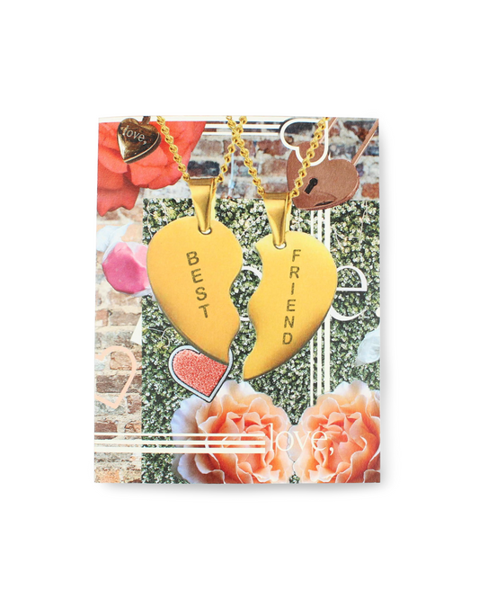 Gold heart-shaped necklaces with 'Best Friend' on a decorative card with flowers and text.