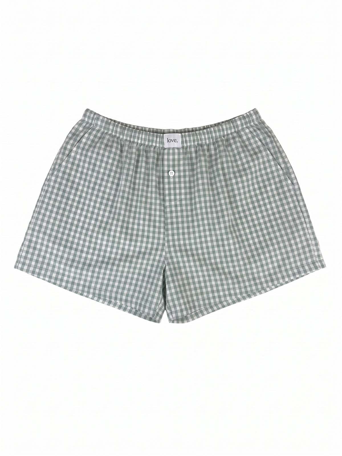 A pair of men's shorts featuring a green and white gingham check pattern, laid flat against a solid white background.
