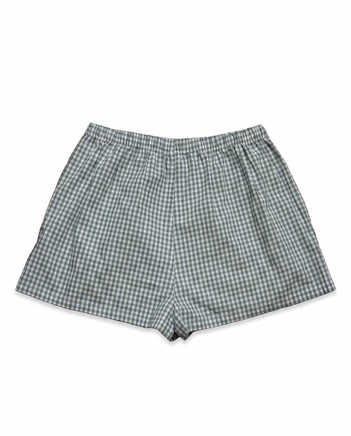 A pair of men's shorts featuring a green and white gingham checkered pattern, laid flat against a solid white background.