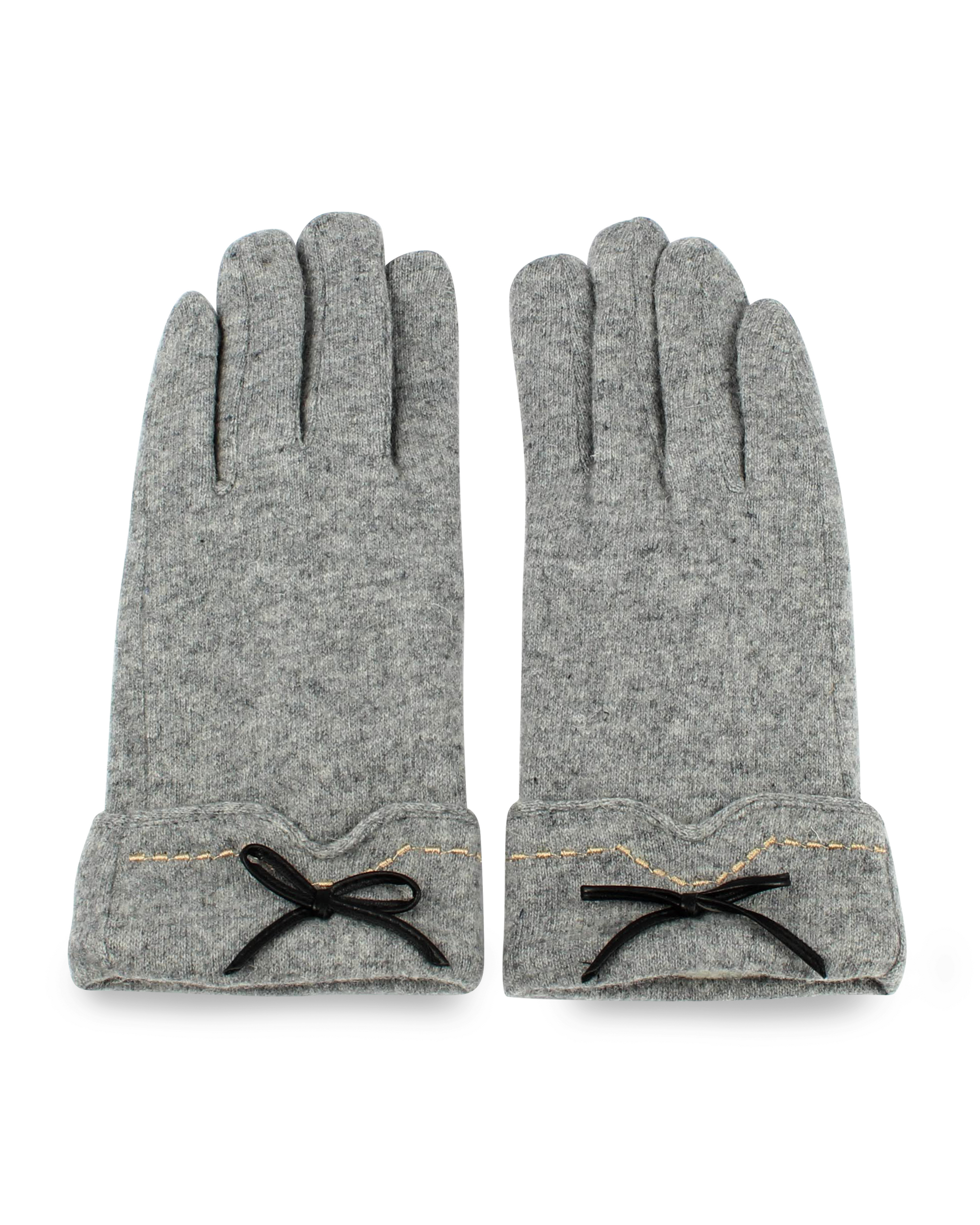 Pair of gray gloves with black bows on a white background