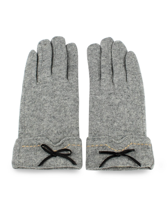 Pair of gray gloves with black bows on a white background