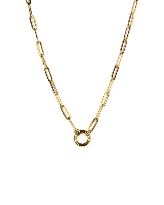 Gold chain necklace on a white background