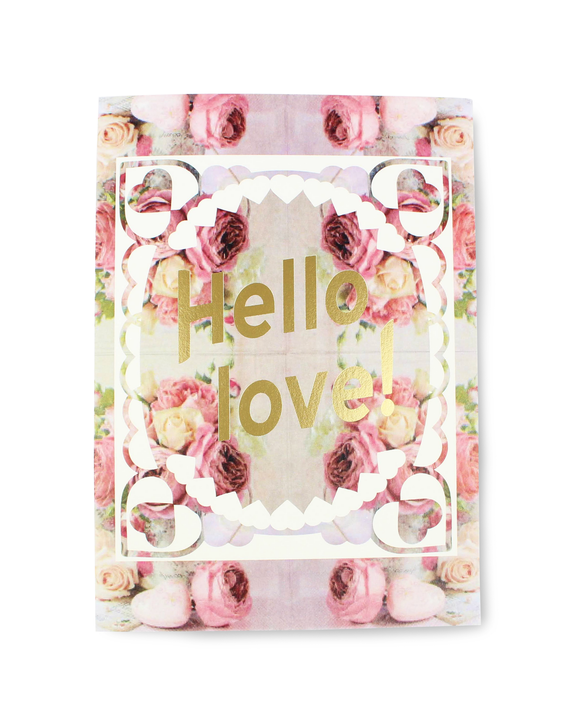 Floral notebook with 'Hello love!' text on a white background