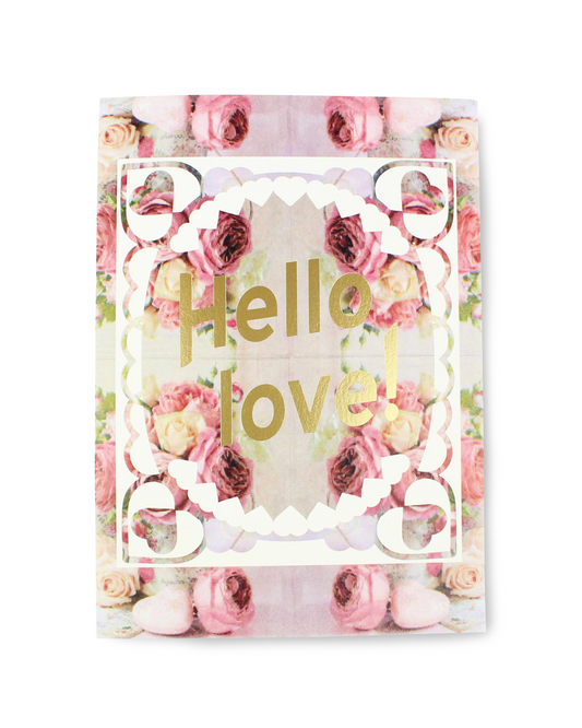 Floral notebook with 'Hello love!' text on a white background