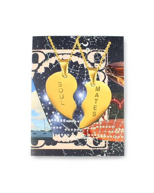 Gold heart-shaped necklaces with 'Soul Mates' on a decorative card