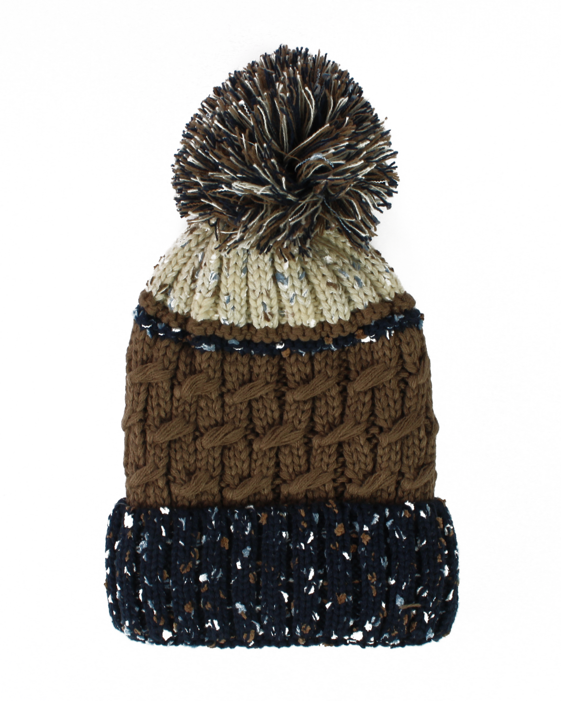 Multicolored knit beanie with pom-pom on a white background