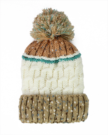 Knitted beanie with pom-pom on a white background
