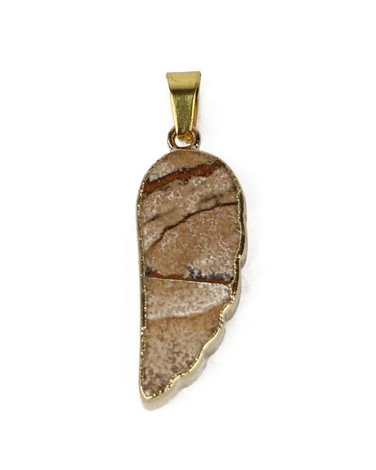 Brown stone pendant with gold setting on a white background
