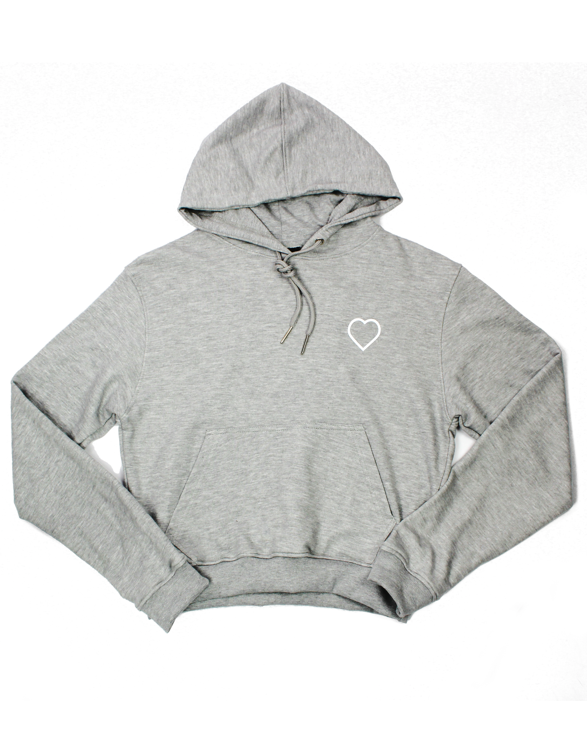Gray hoodie with a white heart logo on a white background