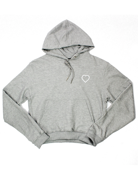Gray hoodie with a white heart logo on a white background