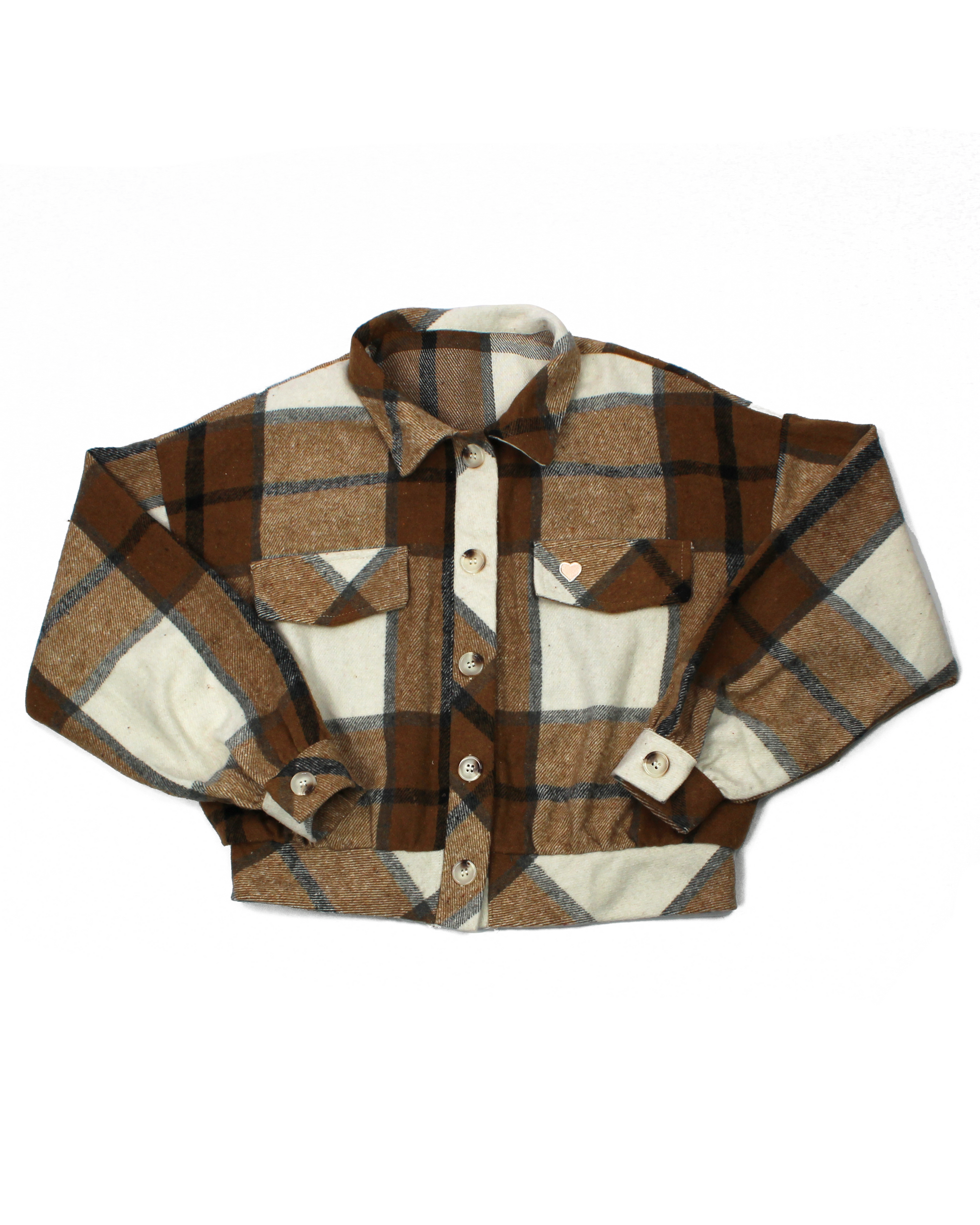 Plaid shirt with brown, beige, and grey pattern on a white background
