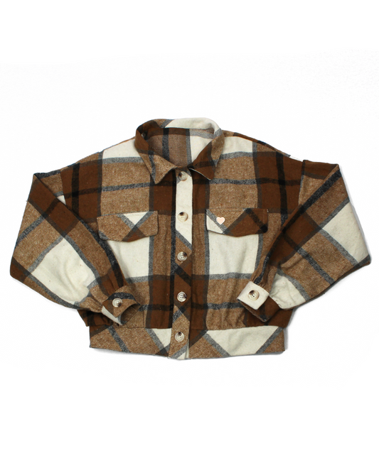 Plaid shirt with brown, beige, and grey pattern on a white background