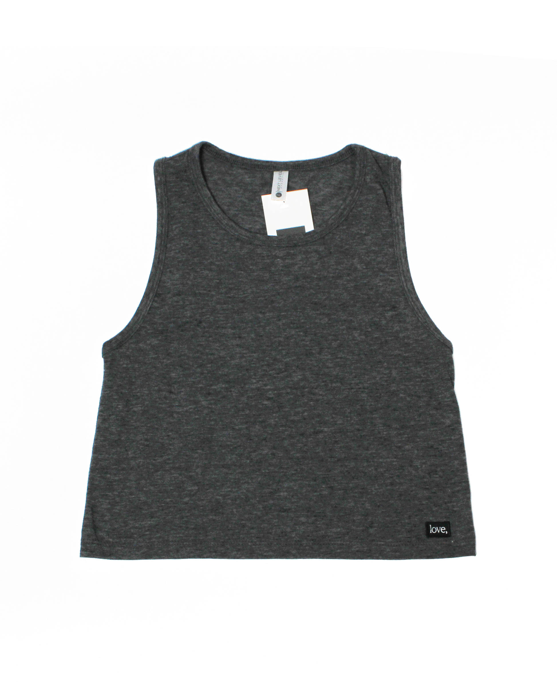 Gray tank top with a tag on a white background