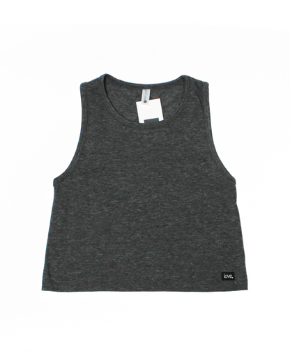 Gray tank top with a tag on a white background