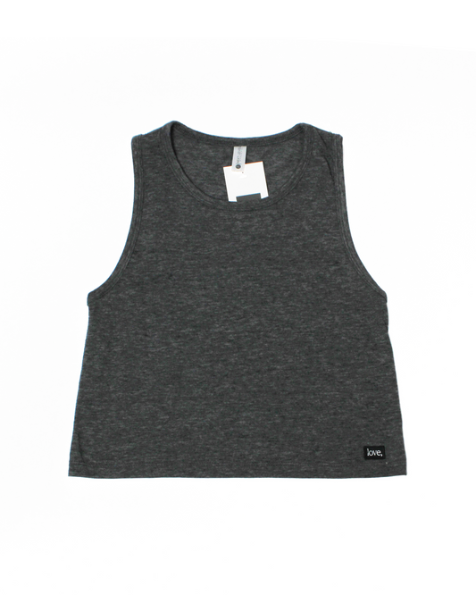 Gray tank top with a tag on a white background