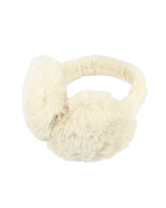 Cream-colored fur ear muffs on a white background