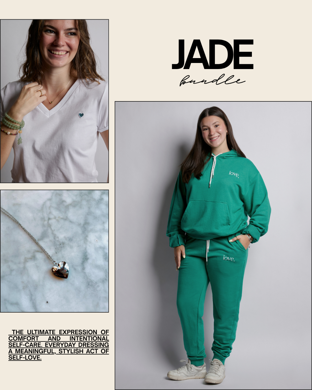 Collage of a woman in a green tracksuit, a necklace, and a white t-shirt with 'JADE' branding.