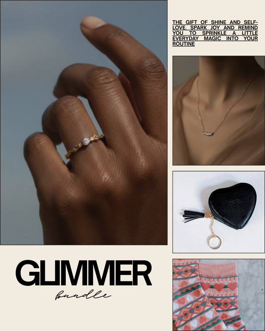 Collage of jewelry and accessories with 'Glimmer Bundle' branding.