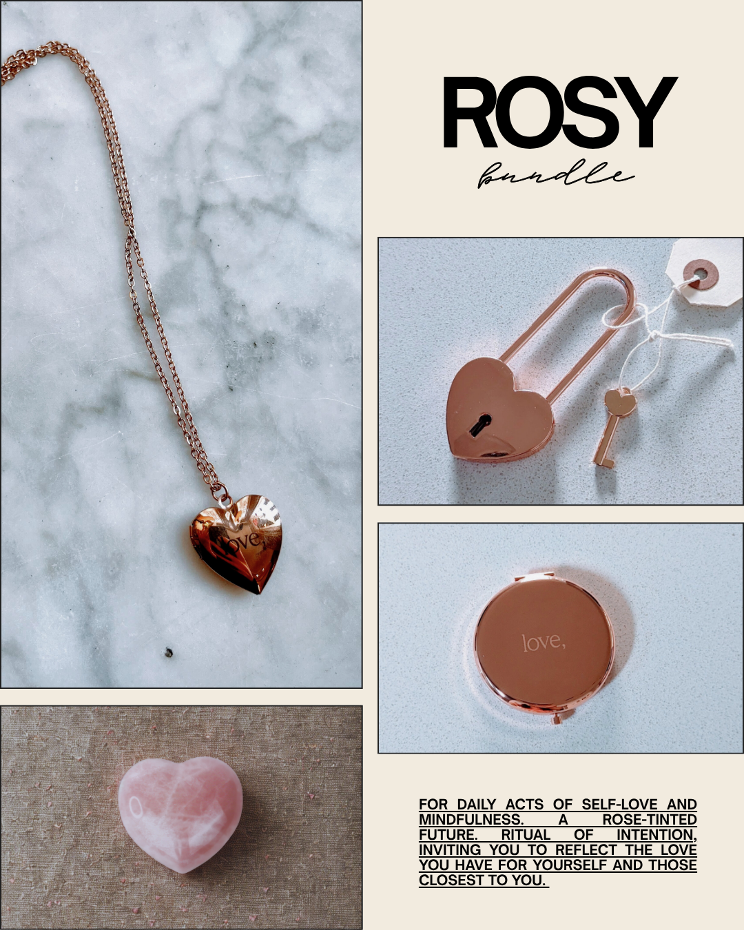 Heart-shaped jewelry set with 'Rosy' branding on a marble background