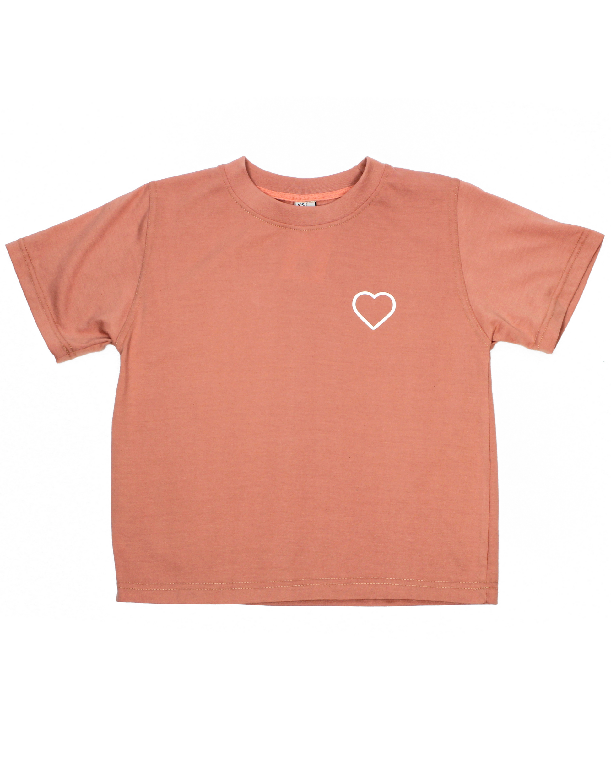 Coral t-shirt with a white heart on a white background