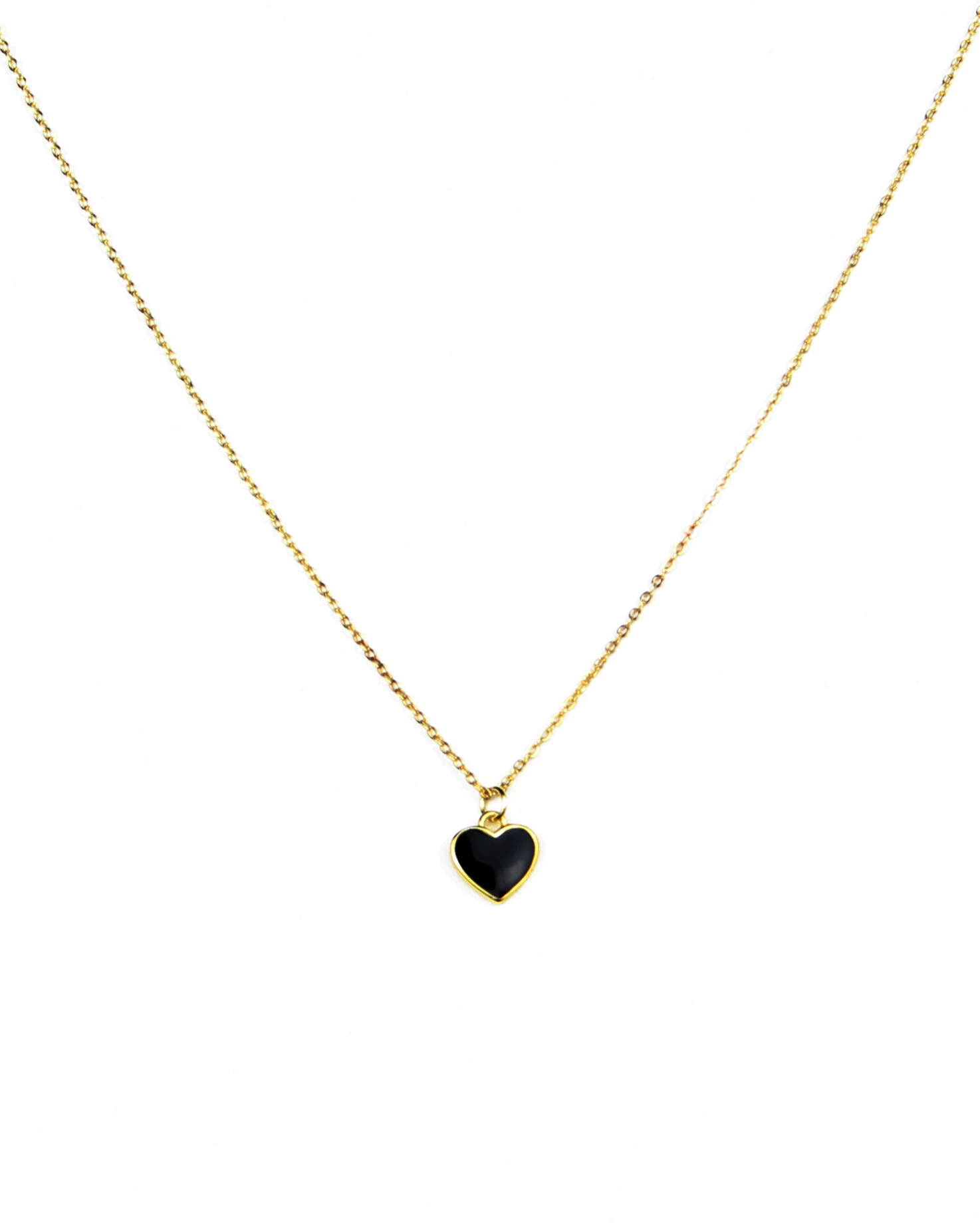 Gold necklace with a black heart pendant on a white background