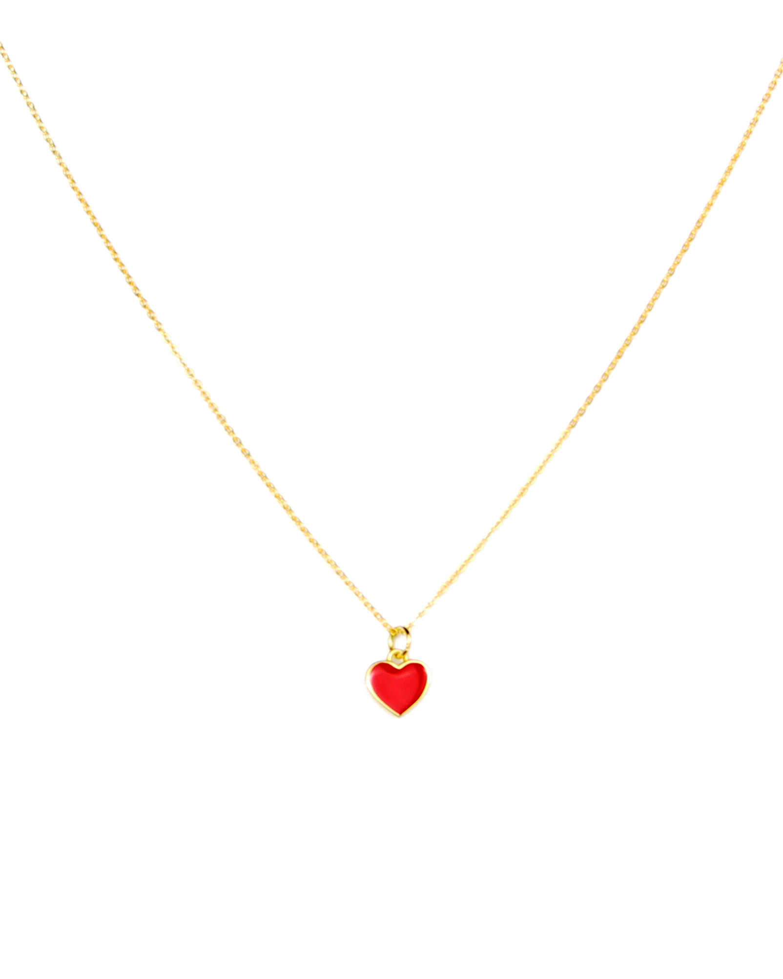 Gold necklace with a red heart pendant on a white background