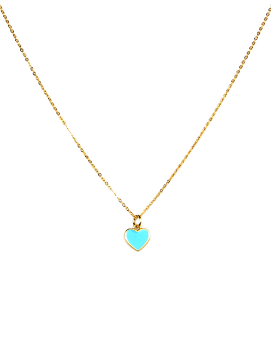 Gold necklace with a turquoise heart pendant on a white background