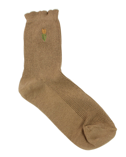 Brown sock with a small logo on a white background