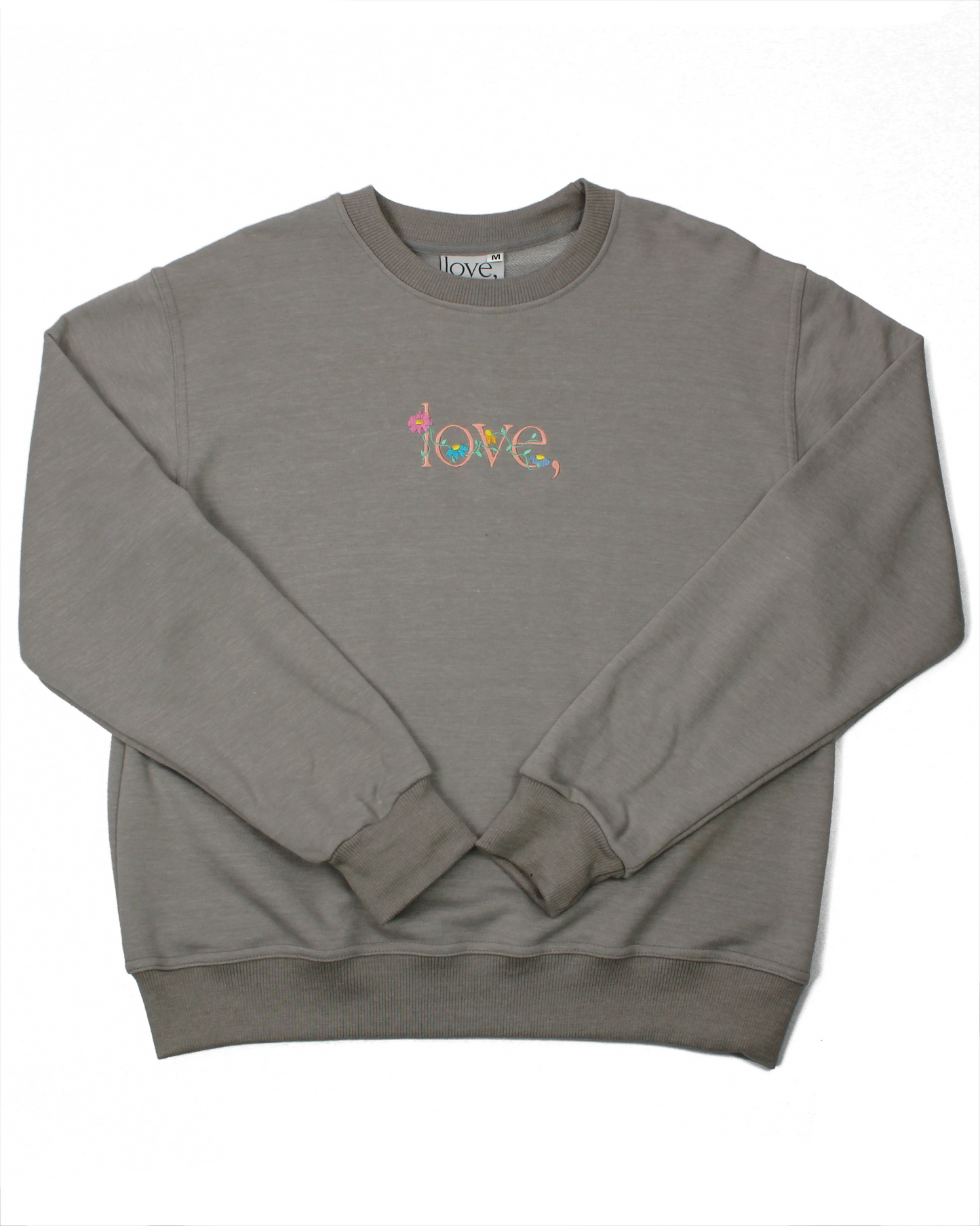 Gray sweatshirt with 'love' embroidered in colorful letters on a white background