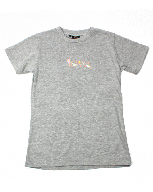 Gray t-shirt with colorful graphic on a white background