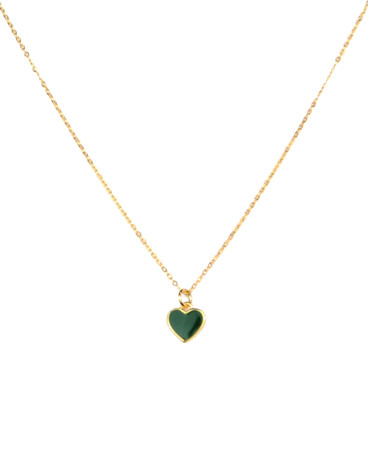 Gold necklace with a green heart pendant on a white background