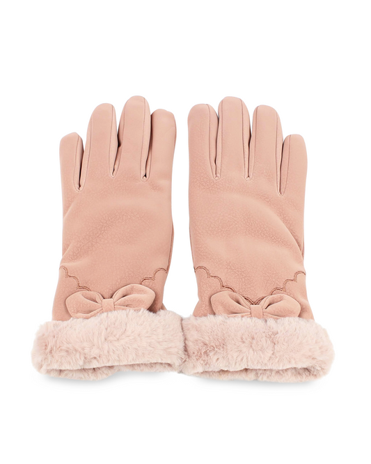 Pair of pink gloves with bow details on a white background