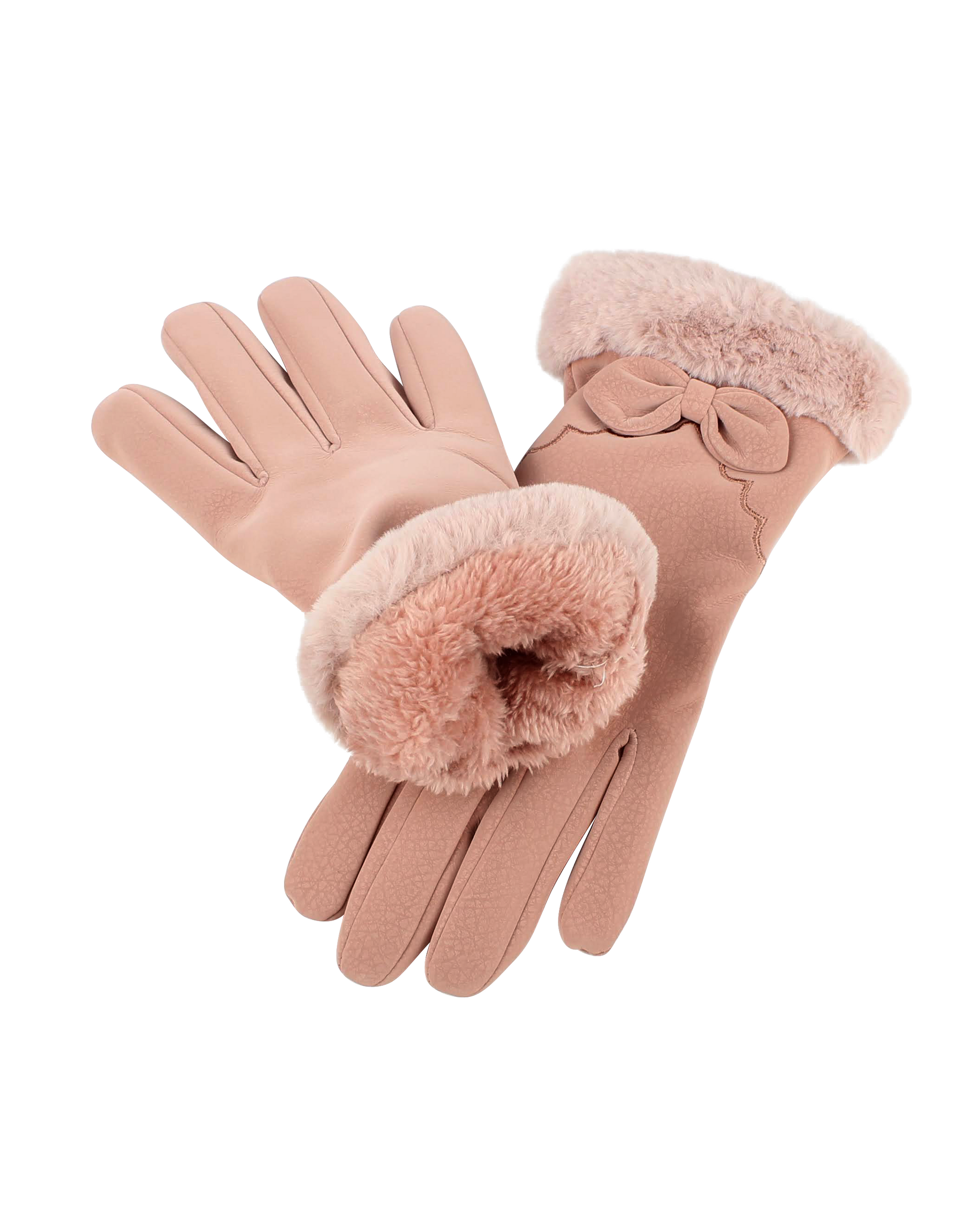 Pair of pink gloves with fur cuffs on a white background